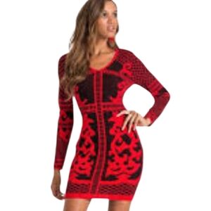 Venus Red & Black Baroque Bodycon Sweater Dress  XS Glam Statement Date Night